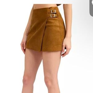 Brown Suede Mini Skirt with Buckle Detail